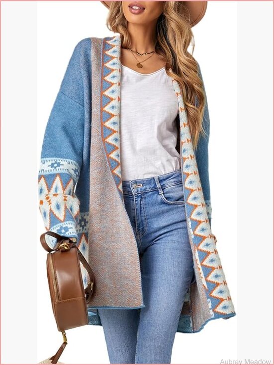Sweaters - Boho Aztec Cardigan Sweater Shawl Collar Open Front Long Cardigan with Pockets